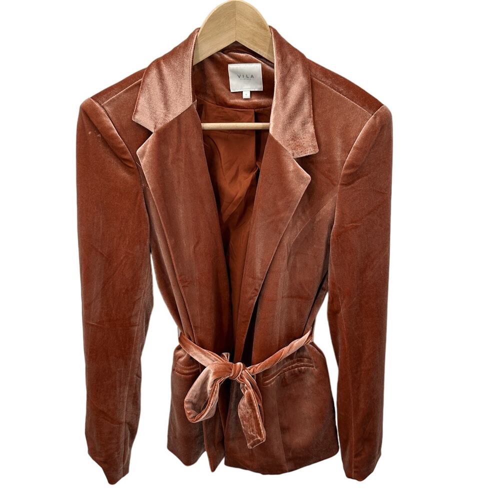 VILA Vialiana Peach Collared Tie Waist Velvet Blazer // S